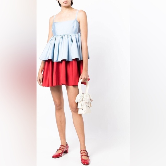 Macgraw Conversation Tiered Mini Dress in Light‎ Blue/Red size AUS 14/ US 10